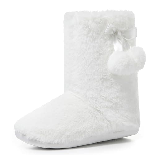 Image of Polar Womens Faux Fur Slipper Boots Memory Foam Indoor Bootie Slipper with Anti-Slip Rubber SoleSoft and Fluffy House Slipper with Cute Pompoms Ankle Boot Slippers - White - UK5