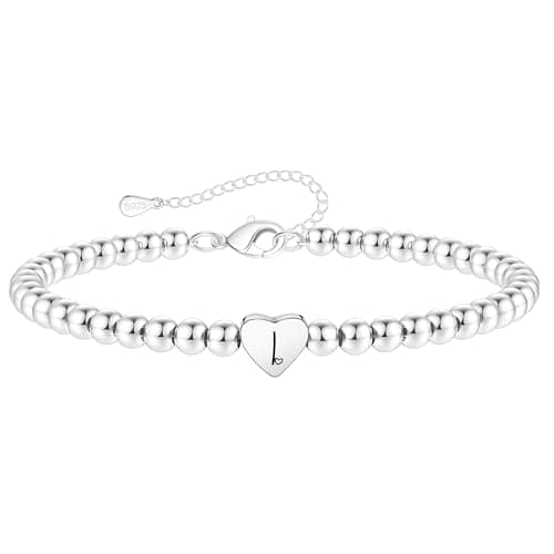 Image of Crownette S925 Silver Bead Bracelet for Women Adjustable Heart Initial Letter Bracelet Birthday Jewellery Gift (I)
