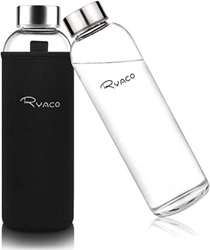 Image of RYACO Glass Water Bottle 550ml/18oz,Borosilicate Glass Bottle with Neoprene Protective Case for Hot Cold Drinks,BPA-Free Leak Proof,Sport Water Bottles with Sponge Brush,Dishwasher Safe