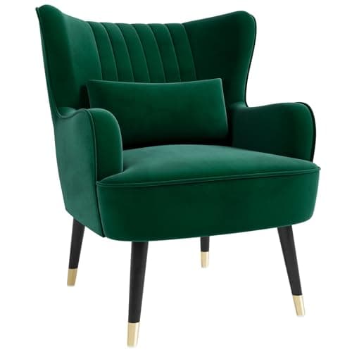 Image of Vesgantti Velvet Accent Chair with Lumbar Pillow, Modern Wing Back Armchair Lounge Chair, Large Cuddle Chair for Living Room Bedroom Study Room Office(Green)