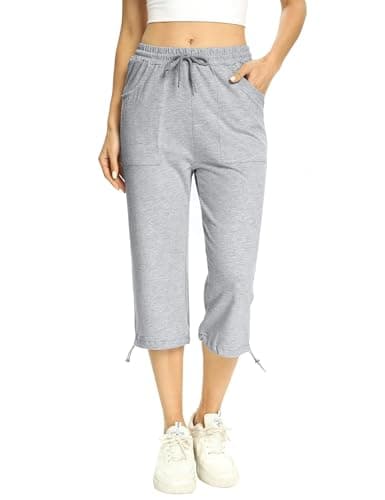 Image of Totatuit Women's Summer Capri Ladies Joggers 3/4 Cotton Summer Trousers Yoga Fitness Activewear with 2 Pockets for Fitness Gym Joggers Light Grey