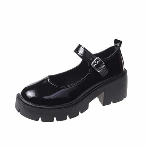 Image of Women's Mary Janes Platform Sandals Ankle Strap Work Dress Pumps Chunky Block Heels Wedding Shoes Adjustable Strap Gothic Leather Sandals Black