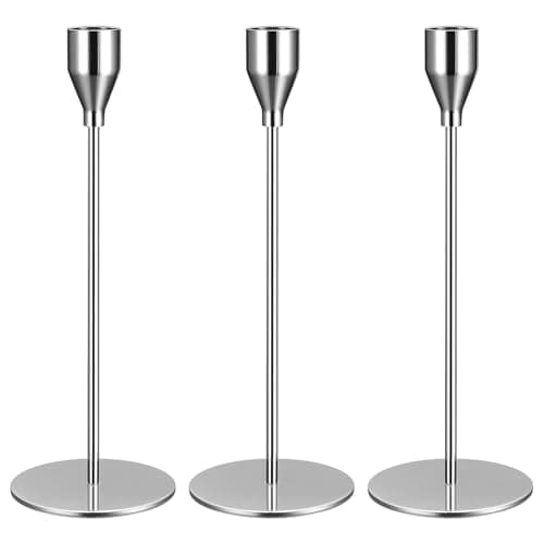 Image of 3 x Silver Candlesticks, Silver Candle Holders for Taper, Taper Holders, Metal Holders for Home Wedding Party Dinner Tabletop Decoration Housewarming Gift, 8.85 Inch