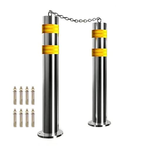 Image of Parking Barriers 2 Packs Of Steel Parking Barrier, Safety Bollard Post With 1-meter Chain, Yellow Reflective Strip Design(60x11.4cm/23.6x4.5")