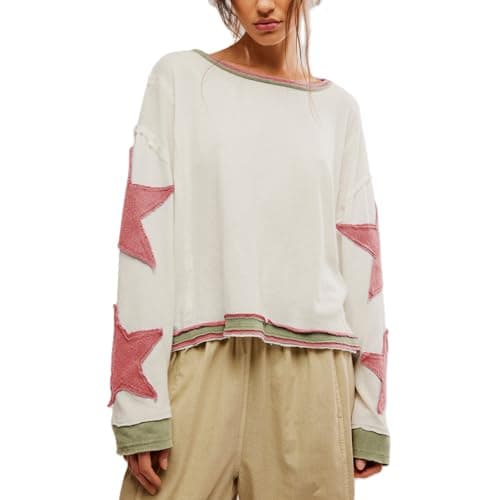 Image of Women's Y2k Pullover Sweatshirt Oversize Crew Neck Retro Star Graphic Pullover Top Streetwear, Pink Star, M