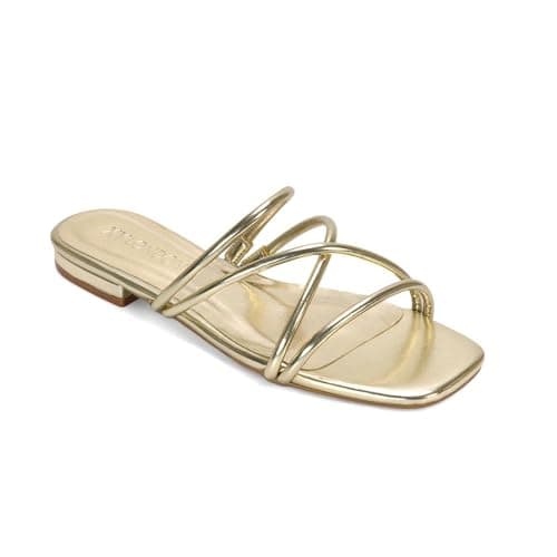 Image of ESSEX GLAM Women's Strappy Slider Ladies Gold Synthetic Leather Flat Slip On Square Toe Summer Casual Holiday Mule Sandals Size 4