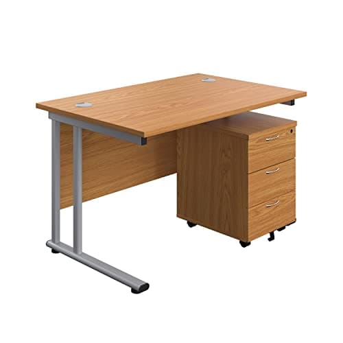Image of Office Hippo Professional Cantilever Office Desk With 3 Drawer Mobile Pedestal, Wood, Oak, Silver Frame, 120 x 80 x 73 cm