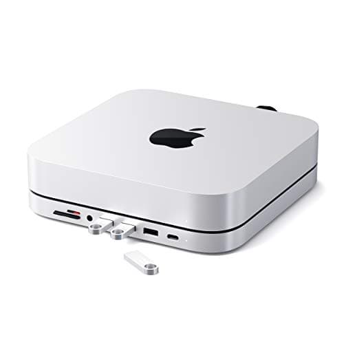 Image of SATECHI USB-C Hub, Type-C Aluminium Stand & Hub - USB-C Data Port, Micro/SD Card Readers, USB 3.0 & Headphone Jack Port for Mac mini M2/M1 (Not Compatible with M4) - Silver