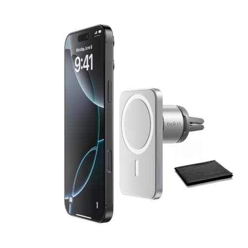 Image of Belkin MagSafe Car Vent Mount Pro, Magnetic Phone Holder for iPhone 16/15/14/13/12, Secure Grip, Portrait & Landscape View, Cable Management, Air Vent Clip, Magsafe Compatible, Silver, Includes Cloth