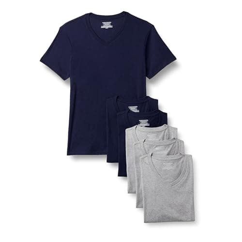 Image of Amazon Essentials Men's V-Neck Undershirt, Breathable, Cotton, Pack of 6, Medium Grey Heather/Navy, XL