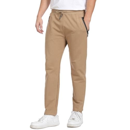 Image of JustSun Tracksuit Bottoms Mens Joggers Slim Fit Jogging Bottoms Sports Trousers Running Gym Sweatpants with Zip Pockets Cotton Khaki L