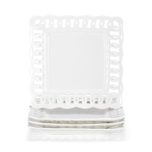 Image of Ceramic Square Dinner Plates, 11 inch Square Serving Plate Set of 4 for Steak Pasta Salad Snacks Pizza Appetizer, New Bone Porcelain Plates with Lace Rim, Party Wedding Birthday Christmas Gift, White