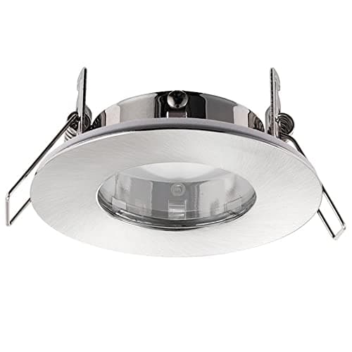 Image of National Lighting Fire Rated LED Downlight Fittings - Round Ultra Slim, Brushed Chrome Downlights for Ceiling - IP65 Rated Bathroom Spotlights - 7W 240V LED GU10 (Not Included) - Pack of 4