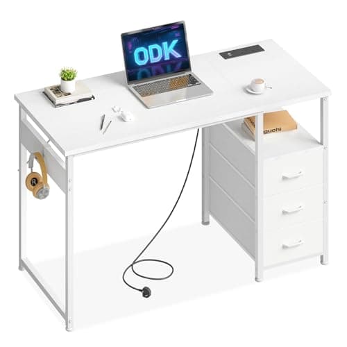 Image of ODK 100cm Office Desk with Drawers, Computer Desk with 2 Sockets & USB Ports, Reversible PC Table with Storage, Study Table for Home Office & Bedroom, White