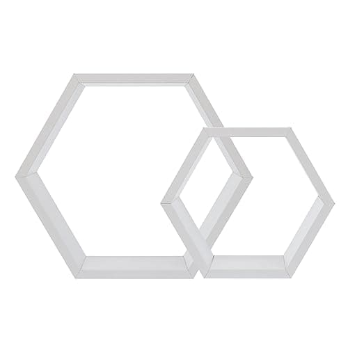 Image of Invero Set of 2 Wooden Hexagon Shaped Floating Shelves - Wall Mounted Shelf for Decorations - Ideal for Living Room, Hall Ways, Bedrooms and more - White