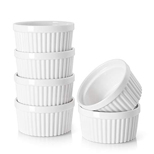 Image of DOWAN Ramekins Set of 6, 4 oz Porcelain Soufflé Dishes for Creme Brulee & Muffin & Pudding, Baking Dishes for Air Fryer & Oven, Mini Bowl for Dips, Sauces, Snacks and Fruits, Ø 9.0cm- Soft White