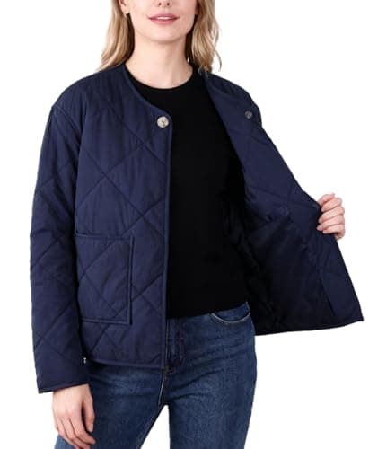 Image of Amazhiyu Womens Quilted Jacket, Winter Lightweight Diamond Quilted Jacket with Pockets, Ladies Long Sleeves Warm Button Padded Coats Blue XL