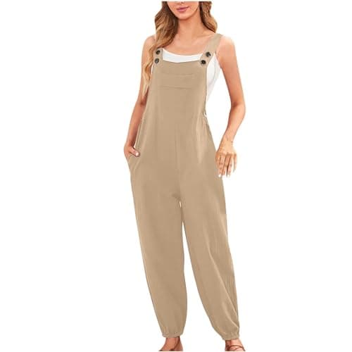 Image of Overalls Women Ladies Jumpsuits Women's Cotton And Linen Pocket Casual Loose Long Camisole Jumpsuit Petite Dungarees for Women UK Bib And Brace landgirl costumes ladies corduroy trousers