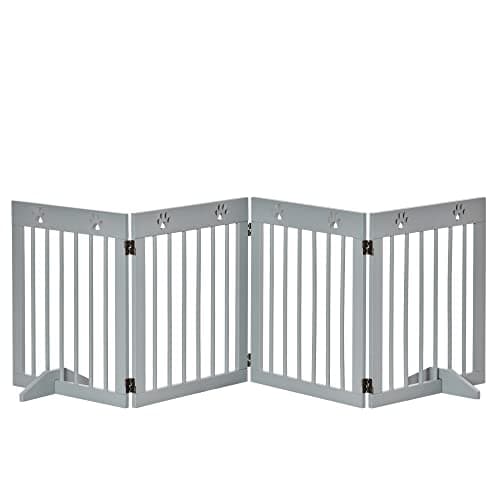 Image of PawHut Freestanding Pet Gate 4 Panel Wooden Dog Barrier Folding Safety Fence with Support Feet up to 204cm Long 61cm Tall for Doorway Stairs Light Grey