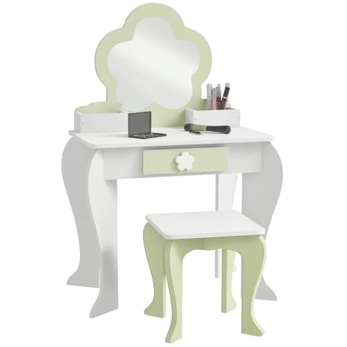 Image of ZONEKIZ Dressing Table with Mirror and Stool, Kids Vanity Table with Drawer, Storage Boxes, Beauty Flower Design Girls Dressing Table for Ages 3-6 Years - White
