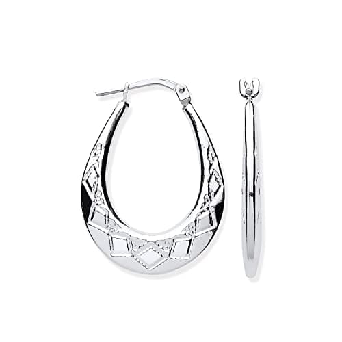 Image of Sterling Silver Diamond Cut Patterned Oval Creole Hoop Earrings