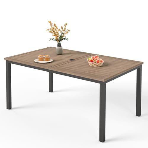 Image of PHI VILLA Rectangle Garden Table, E-coating Metal Steel Frame, Wood-Like Tabletop with Umbrella Hole Dining Table for Patio Lawn Backyard, Brown