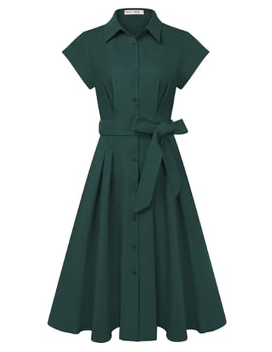 Image of GRACE KARIN Women's Short Sleeve A-Line Midi Dresses Elegant Lapel Neck Buttons Tie Waist Shirt Dress for Work Wedding Green XXL