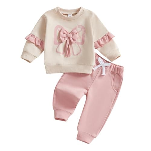 Image of Siyova Toddler Baby Girl 2Pcs Outfits Ruffle Long Sleeve Pullover Tops Sweatshirt Pants Set Cute Print Fall Winter Spring Clothes Sweatsuit Tracksuit (Pink, 6-12 Months)