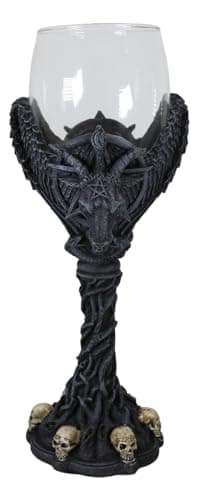 Image of Ebros Gift Occult Savatic Goat Baphomet Pentagram Raven Wings and Skull Wine Goblet Drink Drink Cup Dendritic Twist Vine Stem Figurine Mendes Goat