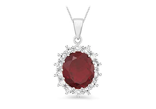 Image of Tuscany Silver Women's Sterling Silver White Cubic Zirconia and Red Glass 15 x 19 mm Oval Cluster Pendant Chain Necklace of Length 46 cm/18 Inch