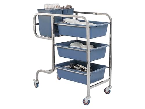 Image of Stainless Steel Bussing Trolley, Sturdy 3 Tier Commercial Catering Cart with x3 Grey Trays & x2 Grey Tubs on Swivel Braked Castor Wheels