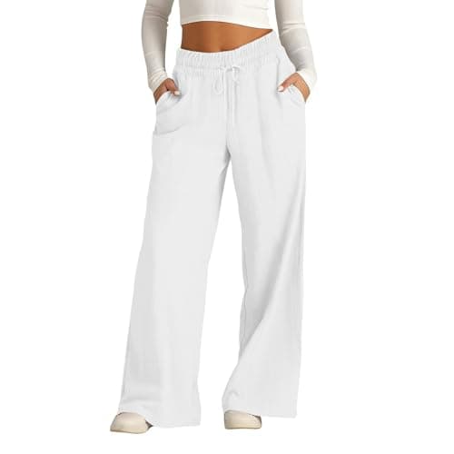 Image of Cotton Linen Trousers for Women UK - Wide Leg Casual Trousers with Pockets Summer Beach Pants Elastic Waist Lightweight Lounge Pants High Waisted Drawstring Trouser S-5Xl White