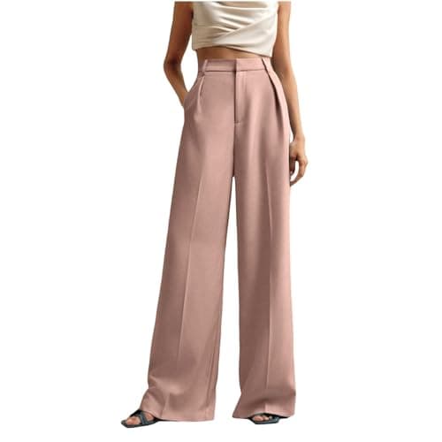 Image of NSICBMNO Pink Wide Leg Trousers for Women UK Ladies Smart Tailored Trousers Palazzo Pants High Waisted Yoga Pants Flared Leggings Zip Off Work Trouser Casual Tracksuit Bottoms for Offiec Work