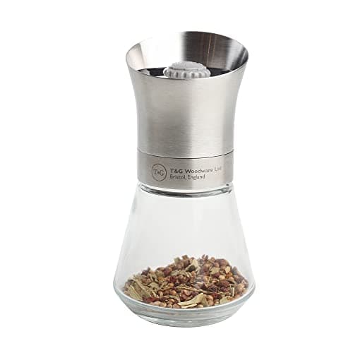 Image of T&G CrushGrind Spice Mill with Stainless Steel Top & Glass Base, 12.5 cm, Whole Dried Herbs Spices Seeds Chilli Flakes/Fully Adjustable Ceramic Manual Grinder