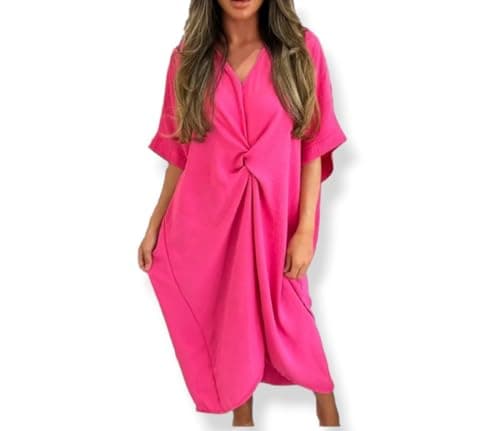 Image of Women Tie Knot Twist V-Neck Oversized Long Soft Touch Summer Smock Midi Dress Ladies Plain Batwing Sleeve Baggy Midi Dress Cerise Plus Size 12-14