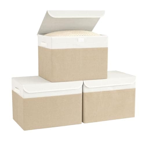 Image of Bagnizer Fabric Storage Boxes with Lids & Handles 3PCS Collapsible Storage Basket Bins for Clothes Toy Large Foldable Storage Box for Wardrobe Bedroom Office White&Beige 42x30x30CM