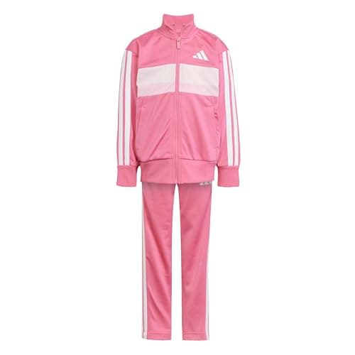 Image of adidas Unisex Kids SEASONAL ESSENTIALS TIBERIO 3 STRIPES TRICOT TRACKSUIT, Pink Fusion/White/Clear Pink, 6-7 Years