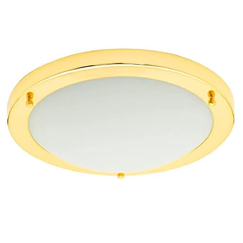Image of Britalia Polished Brass & Opal White Glass Bathroom Modern Round Flush Ceiling Light | 31cm Diameter | 2 x ES E27 Lamps Required | IP44 Rated | Suitable for Outdoor Use