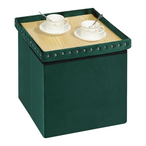 Image of Bonlife Velvet Ottoman with Storage,Large Storage Boxes with Lids,Folding Coffee Table Ottoman Seat,Footstool for Living Room,Green,40x40x40cm