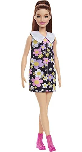 Image of Barbie Fashionistas Doll #187, Brunette Ponytail, Shift Dress, Pink Boots, Behind-the-Ear Hearing Aids, Toy for Kids 3 to 8 Years