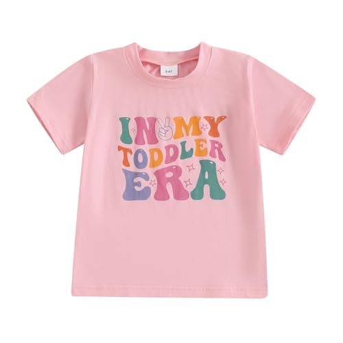 Image of Carolilly Kids Girls T-Shirt Short Sleeve Crew Neck Letters Print Summer Tops Toddler Baby Girls Clothes for Casual Daily (Pink, 3-4 Years)