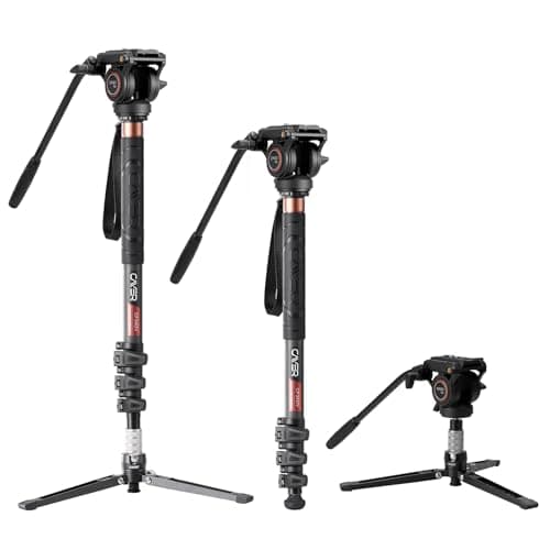 Image of Cayer Monopod Camera Stand, Carbon Fiber Telescopic Monopods Kit with Video Fluid Head and Folding Support Base, 1 Extra Sliding Plate, for DSLR Video Cameras & Camcorders, CF34, 72 Inch