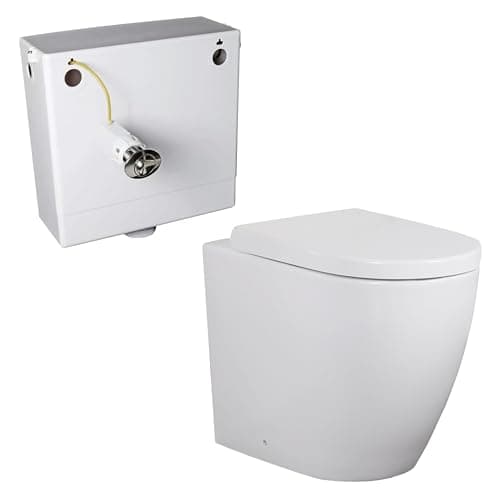 Image of Rimless Comfort Height Back to Wall Toilet WC BTW White Ceramic Toilet Pan and Concealed Cistern Soft Close Seat Modern Round Elongated WC High Comfort Toilets for Bathrooms