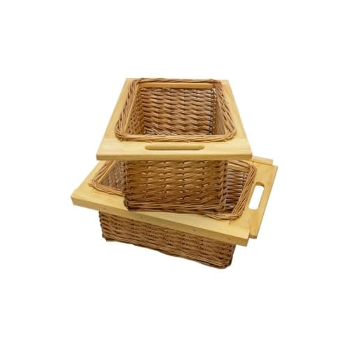 Image of 2 x Pull out Wicker Basket Drawer 400mm Kitchen Storage Solution Larder Base Unit Cupboard with Handle Rustic Pine Wood Farmhouse Style 100% Handmade Rattan Brown