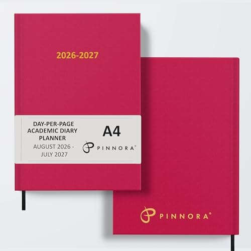 Image of Pinnora A4 Red Academic Diary 2026-2027 Day per Page, Hard Cover, August - July Dated Academic Planner, Ideal Student & Teacher Planner 2026-27, University, Revision, Study, To-Do Lists