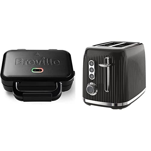 Image of Breville Ultimate Deep Fill Toastie Maker | Removable Non-Stick Plates | Stainless Steel | Black [VST082] & Bold Black 2-Slice Toaster with High-Lift and Wide Slots | Black and Silver Chrome [VTR001]