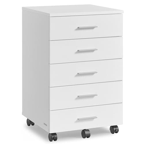 Image of VASAGLE Rolling Filing Cabinet, Pedestal File Cabinet with Wheels, Printer Stand with 5 Drawers, Tool-Free Sliding Rails, for Study, Home Office, Cloud White OFC081W01