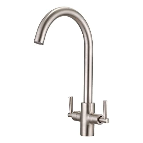 Image of Peppermint Brushed Nickel Kitchen Tap Monobloc Dual Lever Kitchen Mixer Taps 1 Hole Brushed Steel Sink Taps Mixer Swan Neck Twin Lever Rustproof Stainless Steel Faucet