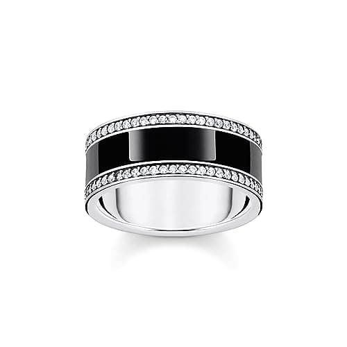 Image of Thomas Sabo Women Silver Blackened Band Ring with Black Cold Enamel and Zirconia 925 Sterling Silver, Blackened, Cold Enamel TR2446-691-11