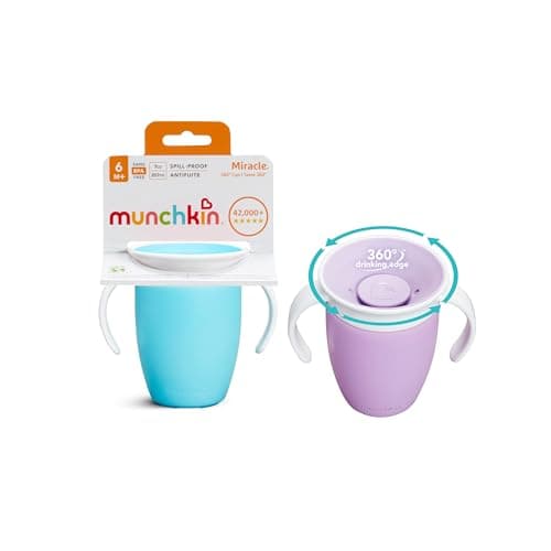Image of Munchkin Miracle 360 Sippy Cup, Trainer BPA Free Baby & Toddler Cups w.Handles, Non Spill, Dishwasher Safe Leakproof, 6+ Months - 7oz/207ml,2 Pack, Blue/Purple